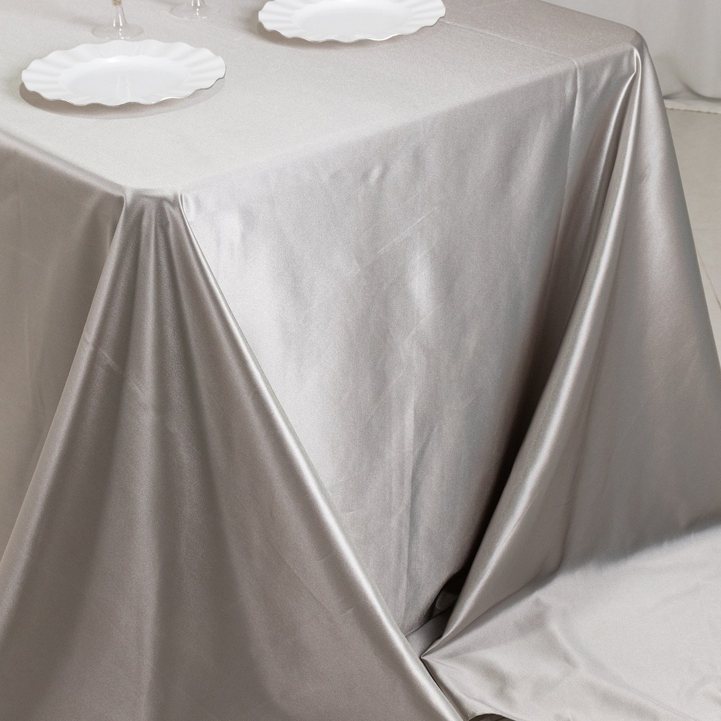 90"x156" Shimmer Silver Premium Scuba Rectangle Tablecloth, Wrinkle Free Seamless Polyester Tablecloth for 8 Foot Table With Floor-Length Drop