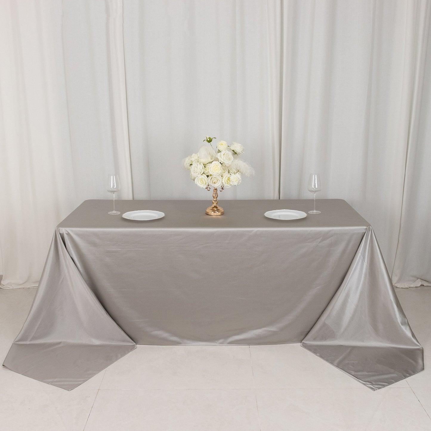 90"x156" Shimmer Silver Premium Scuba Rectangle Tablecloth, Wrinkle Free Seamless Polyester Tablecloth for 8 Foot Table With Floor-Length Drop