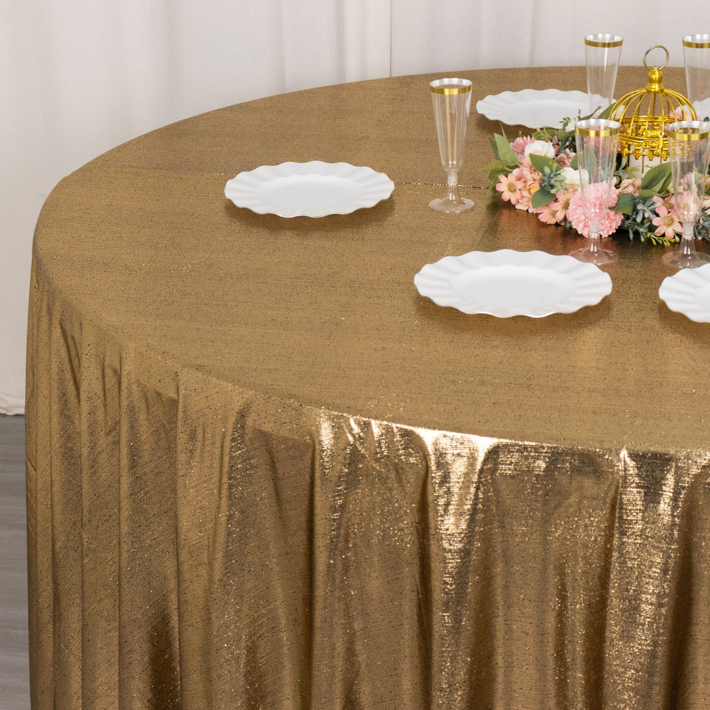 120" antique gold shimmer sequin tablecloth for elegant dining decor.