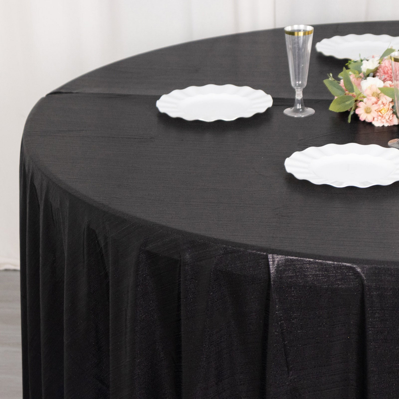 120" black shimmer sequin tablecloth for elegant events and parties.