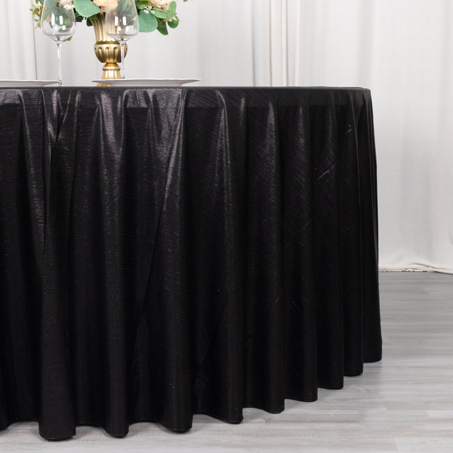 120" black shimmer sequin dots tablecloth for elegant events.