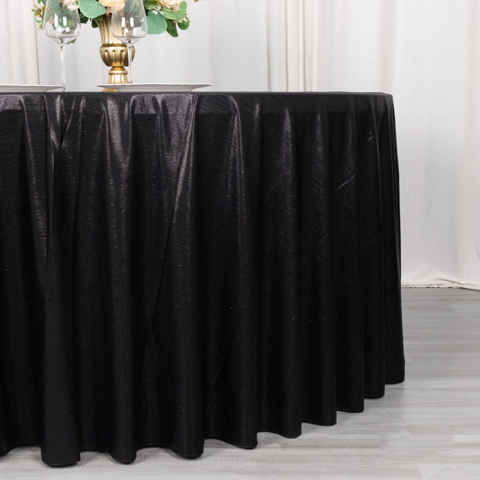 120" black shimmer sequin dots tablecloth for elegant events.