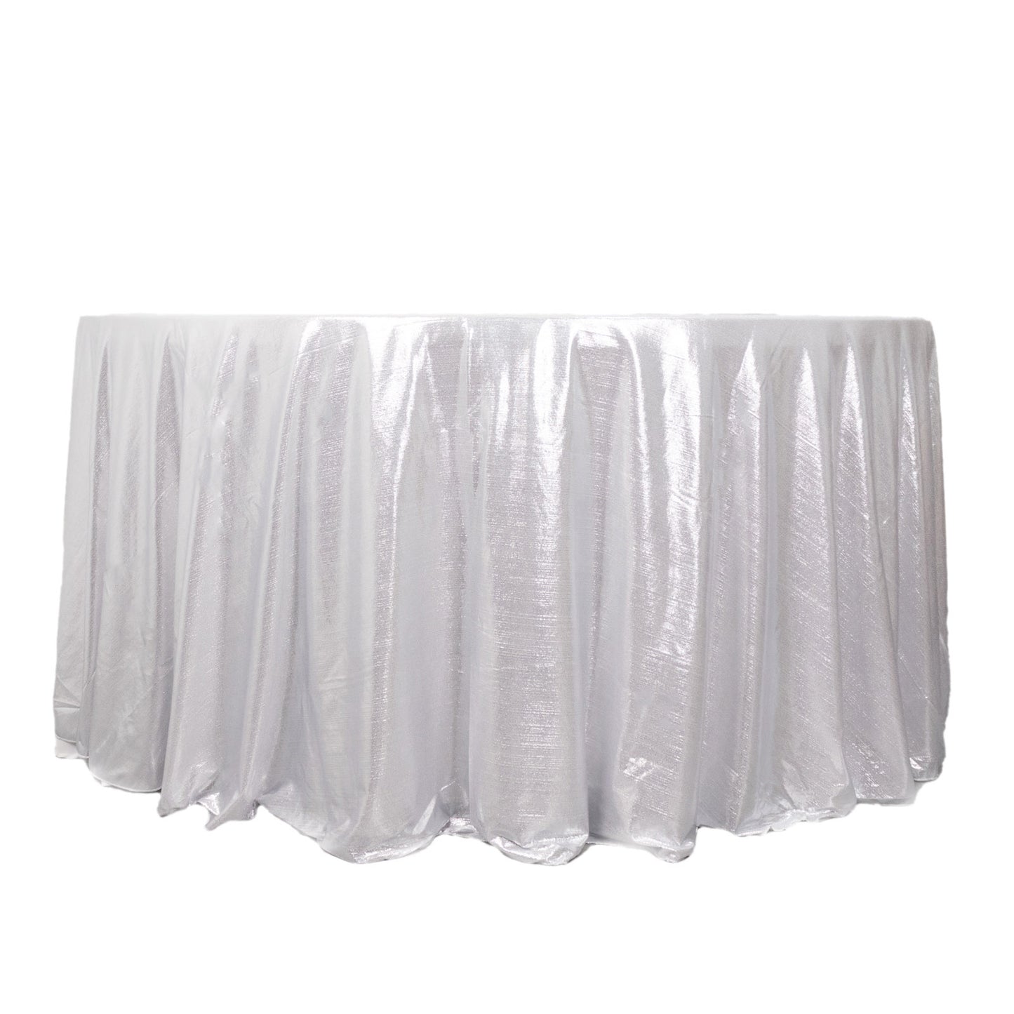 120" silver sequin dot tablecloth with a wrinkle-free, sparkling design.