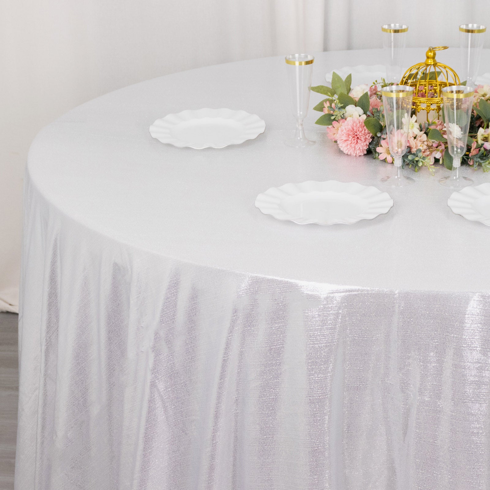 120" silver shimmer sequin tablecloth with sparkle glitter finish.
