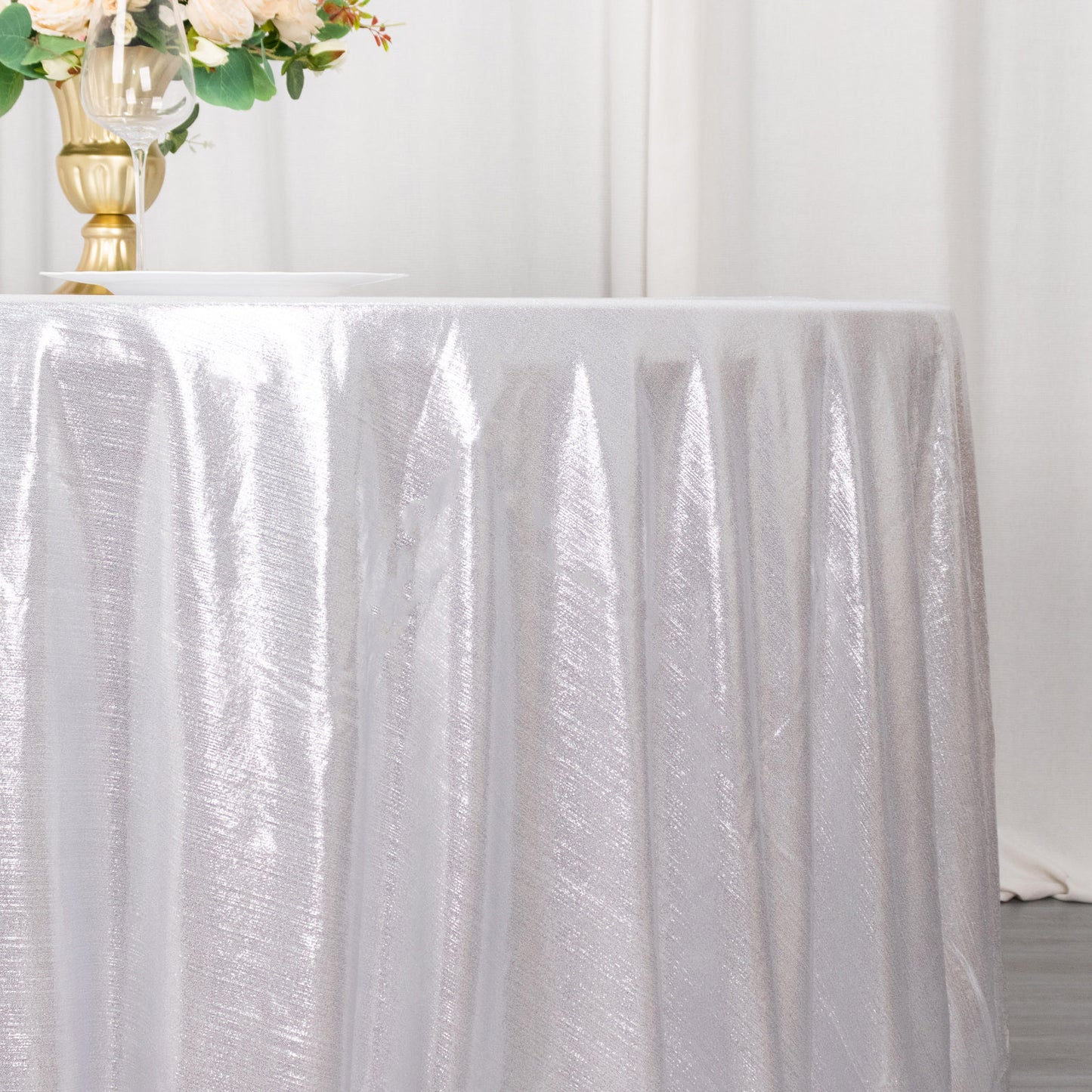 120" silver shimmer sequin dots tablecloth, wrinkle-free sparkle glitter cover.