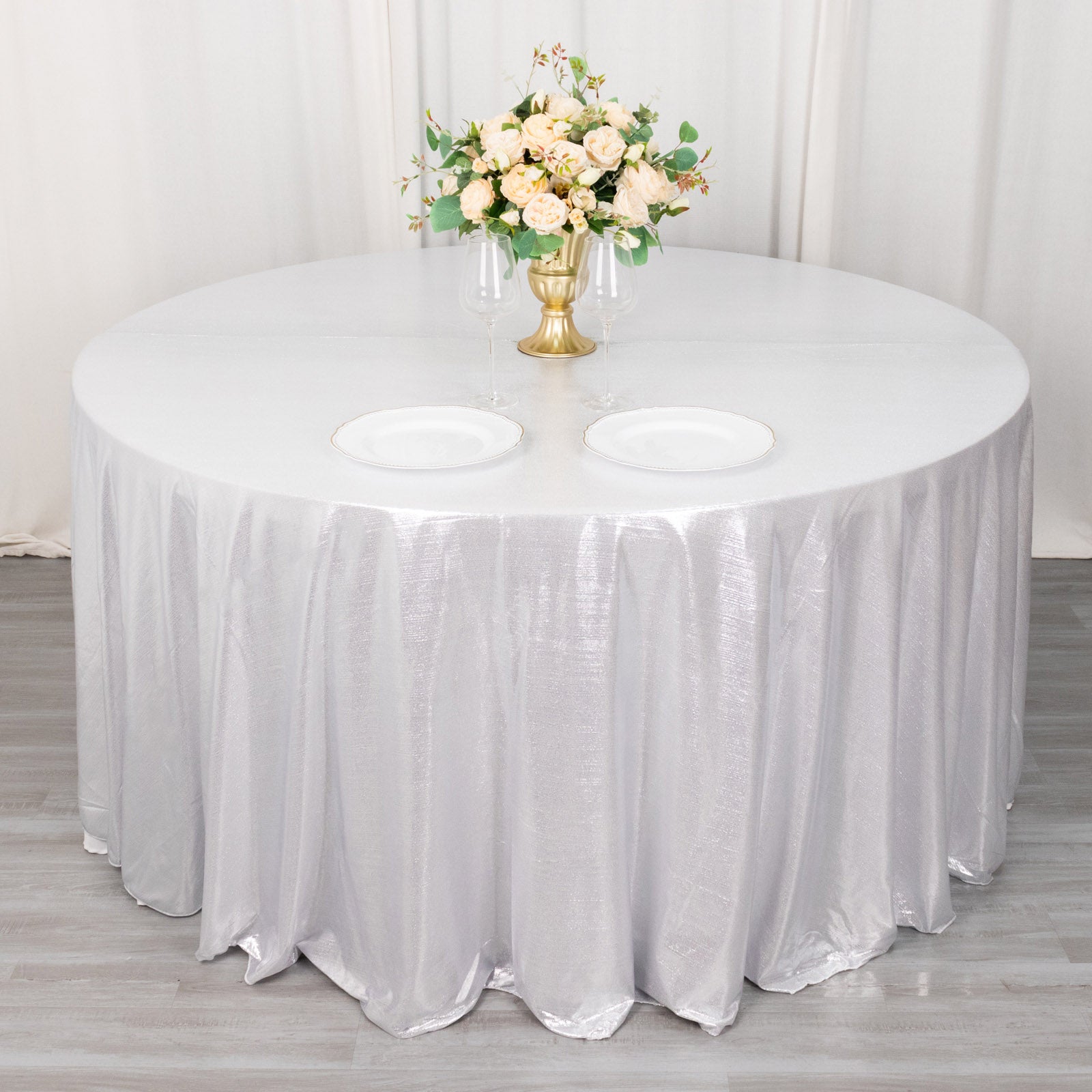 120" silver shimmer sequin tablecloth, wrinkle-free sparkle glitter tablecover.