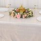 Shiny beige rectangular tablecloth with shimmer sequin dots on a decorated table.