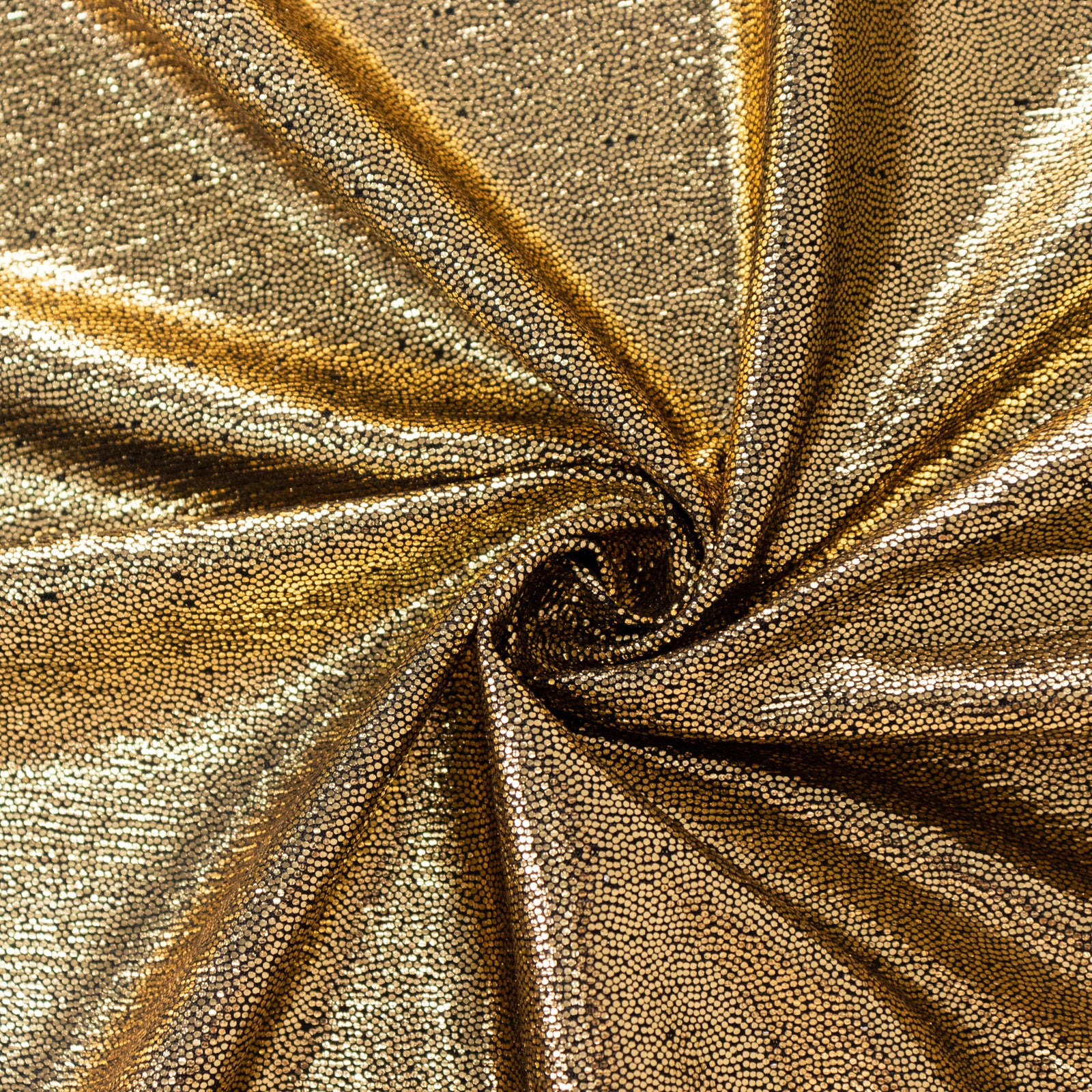 Shiny antique gold polyester tablecloth with shimmer sequin dots.