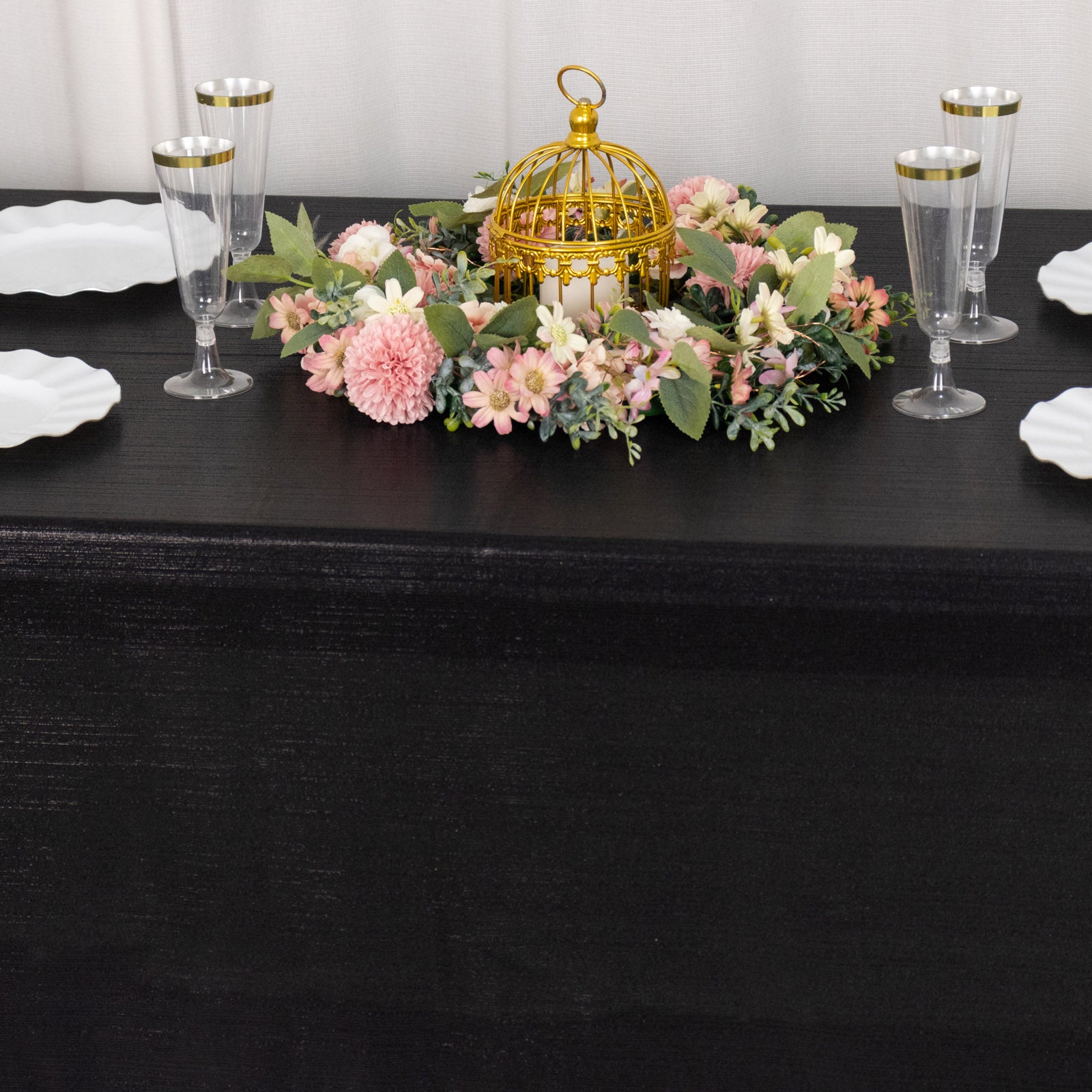 Shiny black polyester rectangular tablecloth with shimmer sequin dots