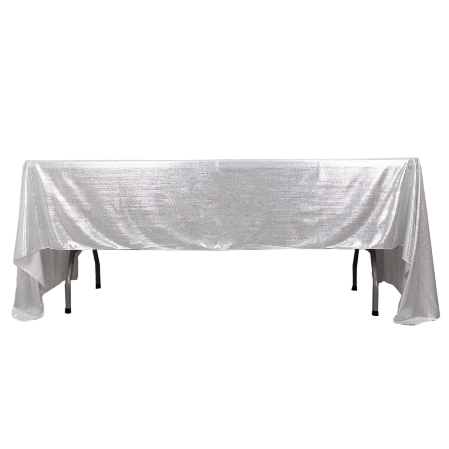 Shiny silver polyester rectangular tablecloth with shimmer sequin dots.