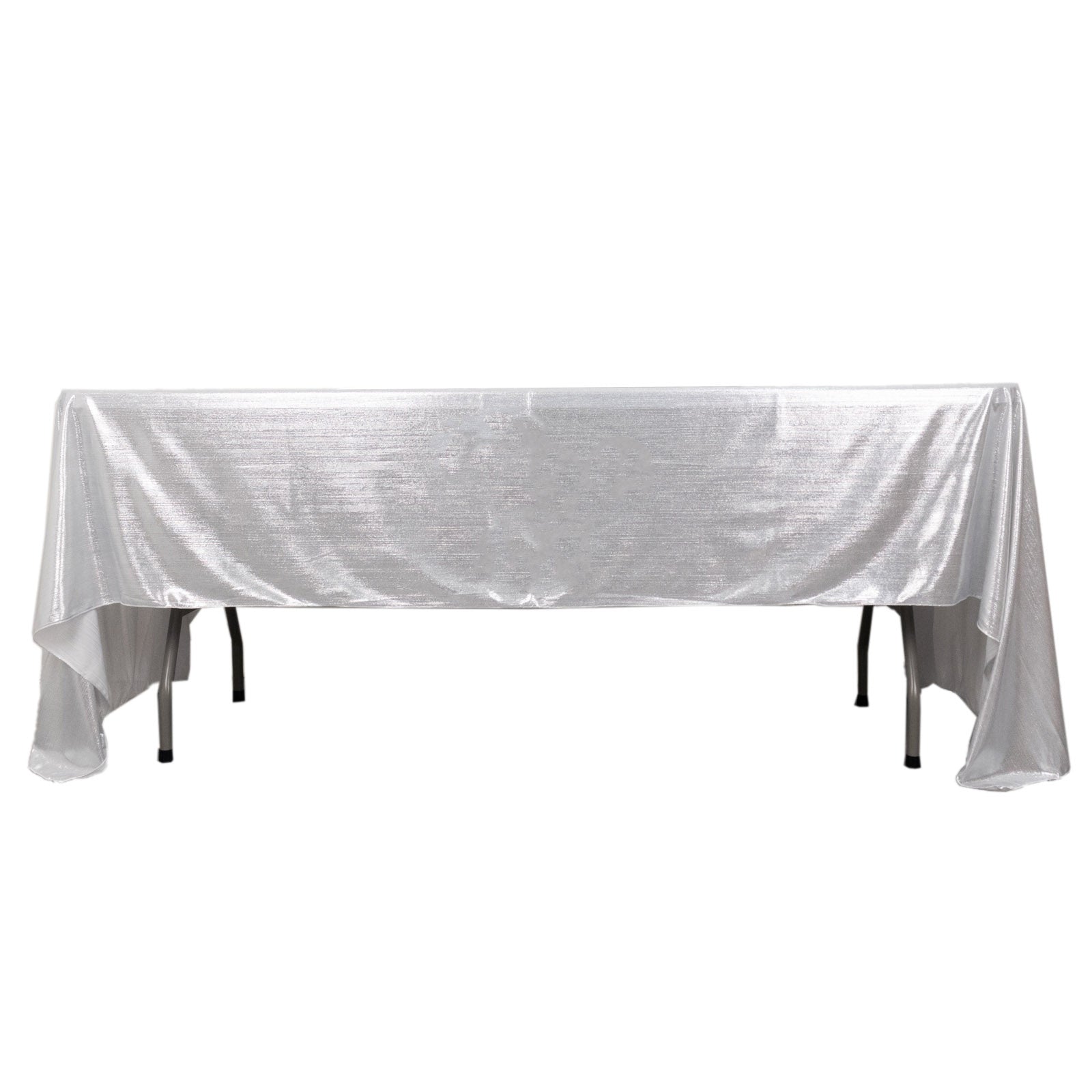 Shiny silver polyester rectangular tablecloth with shimmer sequin dots.