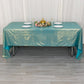Shiny turquoise rectangular tablecloth with shimmer sequin dots.