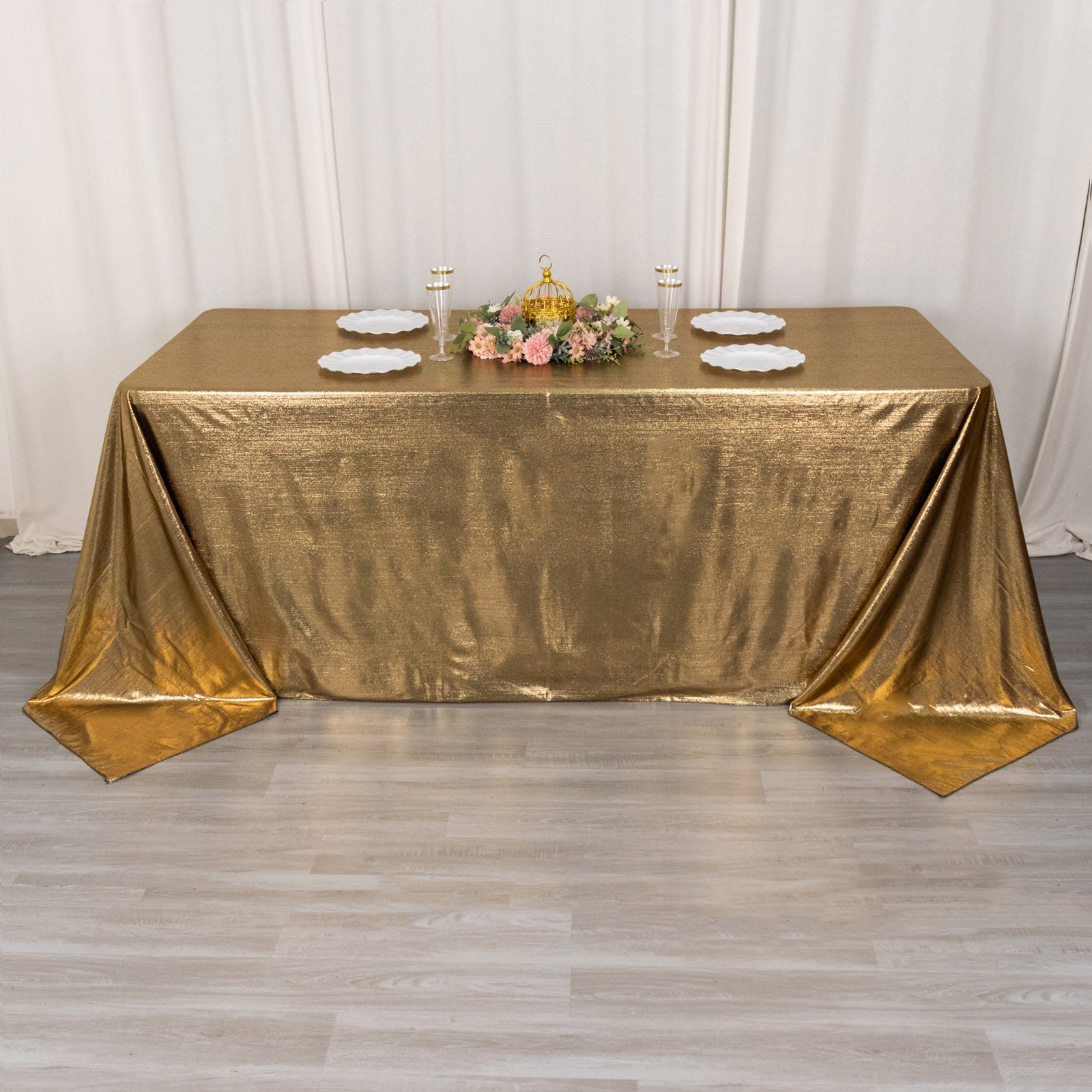 Antique gold shimmer sequin tablecloth, wrinkle-free sparkle glitter cover.