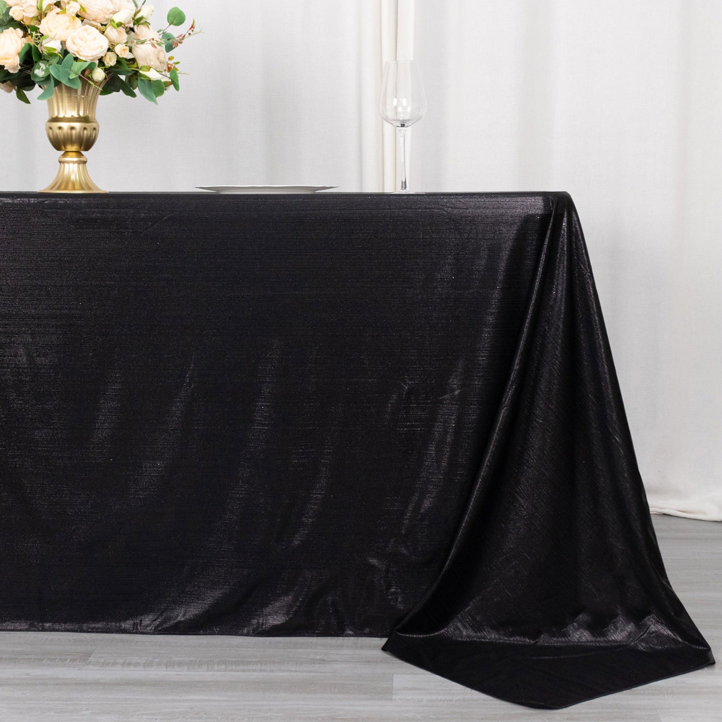 Black shimmer sequin tablecloth, wrinkle-free sparkle glitter design.