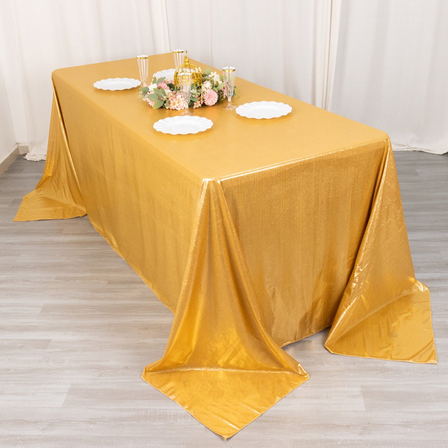 Gold shimmer sequin tablecloth, 90"x132", wrinkle-free sparkle table cover.