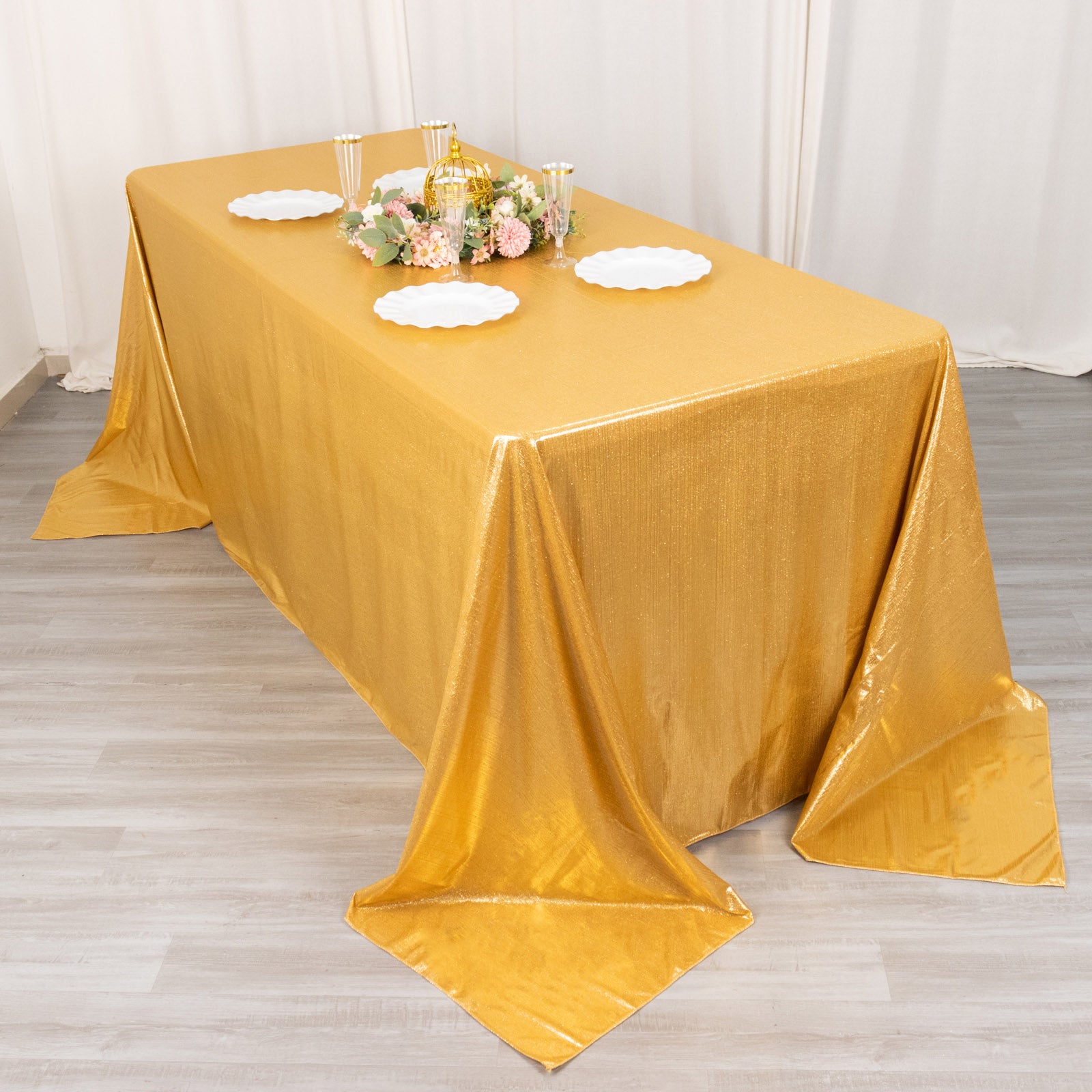 Gold shimmer sequin tablecloth, 90"x132", wrinkle-free sparkle table cover.