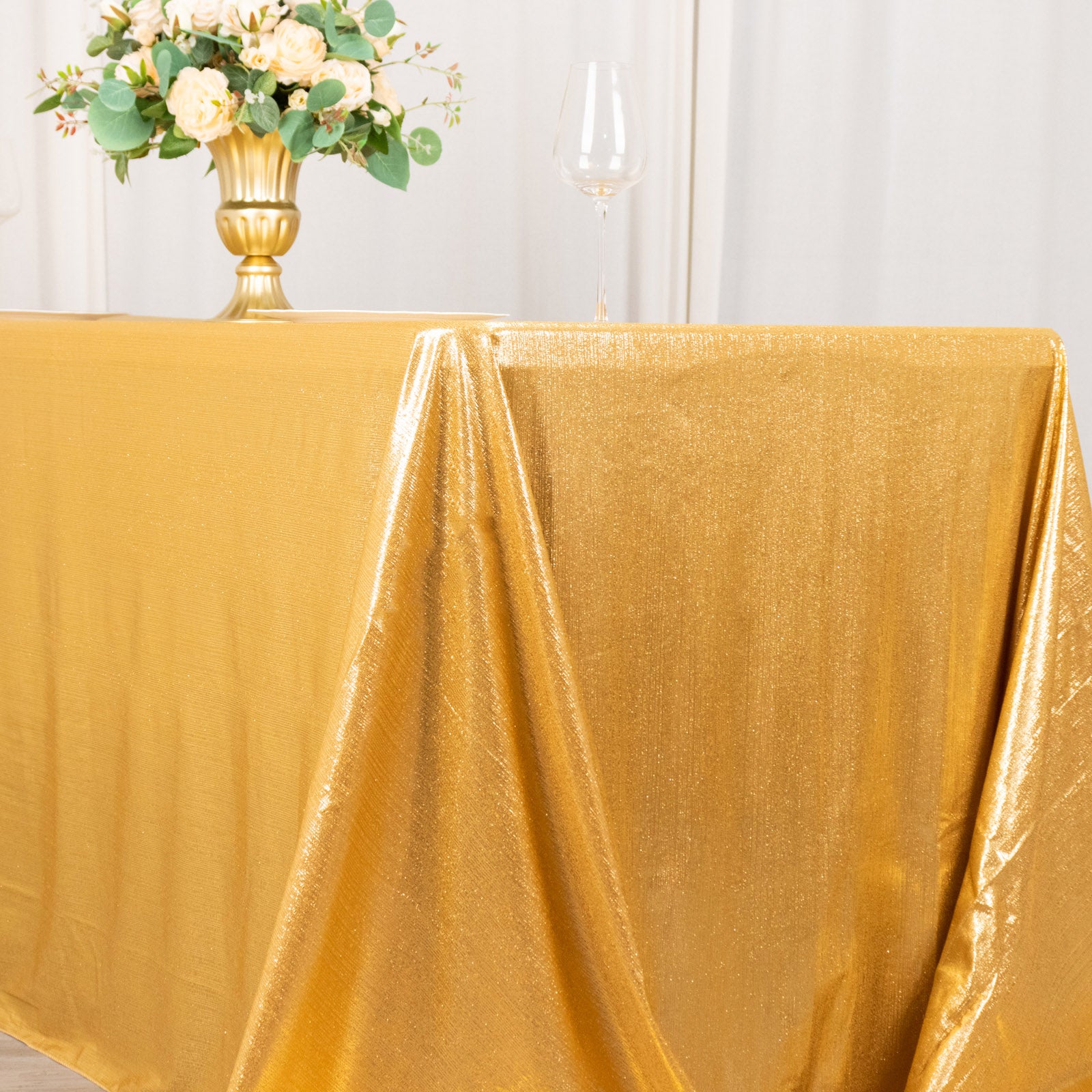 Gold shimmer sequin dots tablecloth, wrinkle-free sparkle glitter cover.