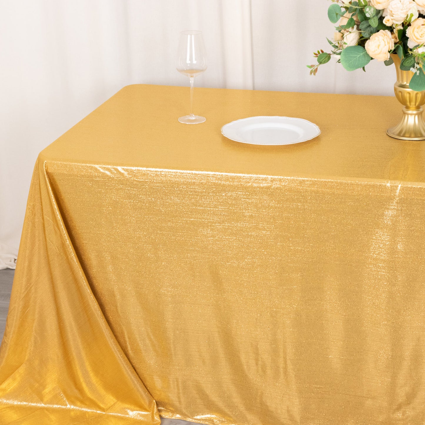 Gold shimmer sequin tablecloth, wrinkle-free sparkly tablecover.