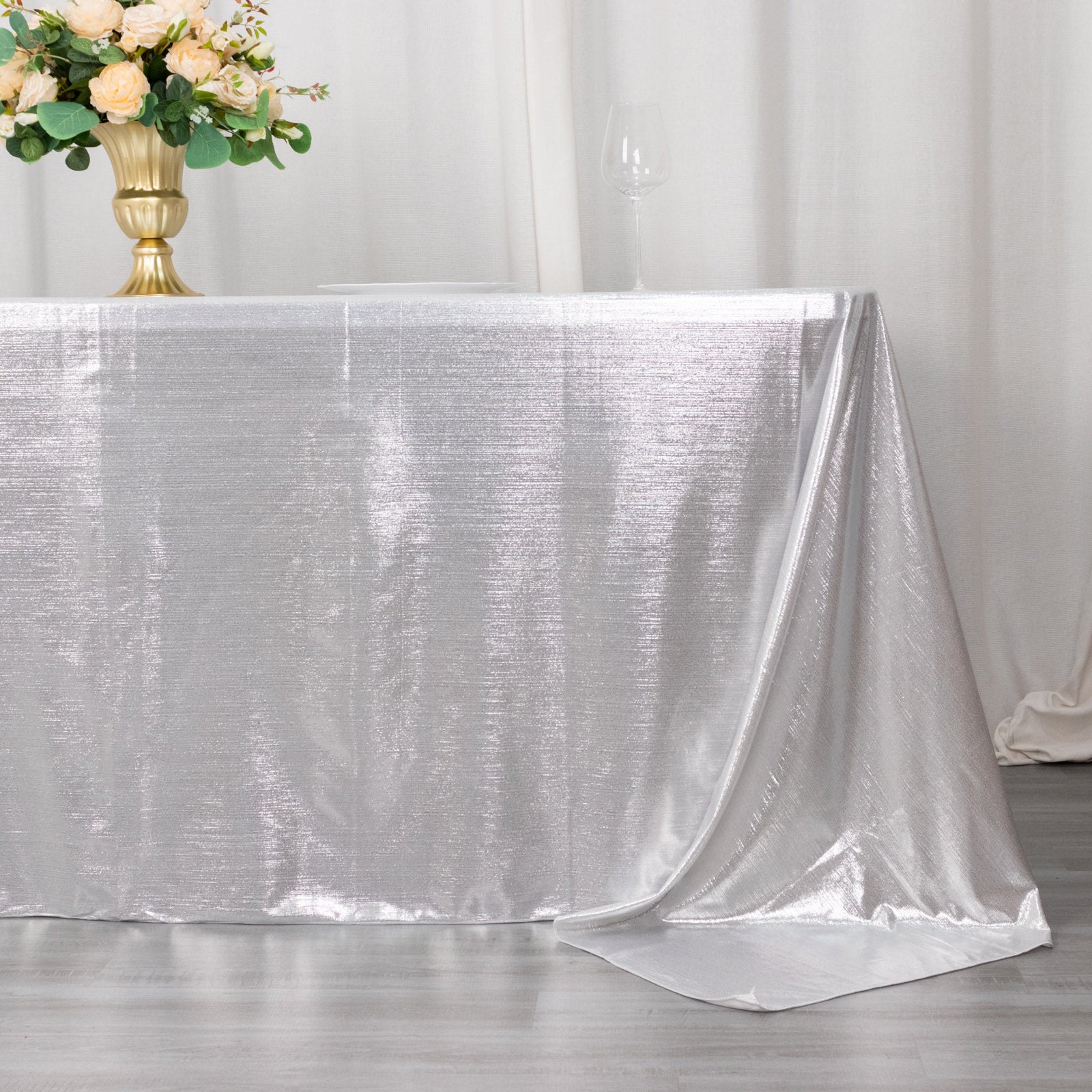 Silver shimmer sequin tablecloth, wrinkle-free sparkle table cover.