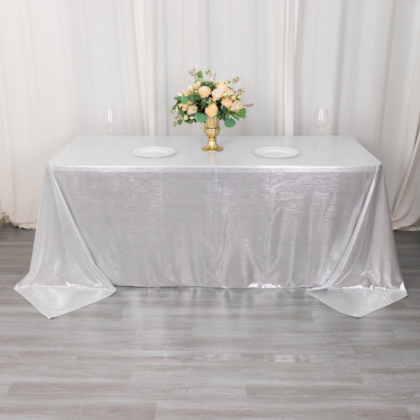 Silver shimmer sequin tablecloth for elegant events and parties.