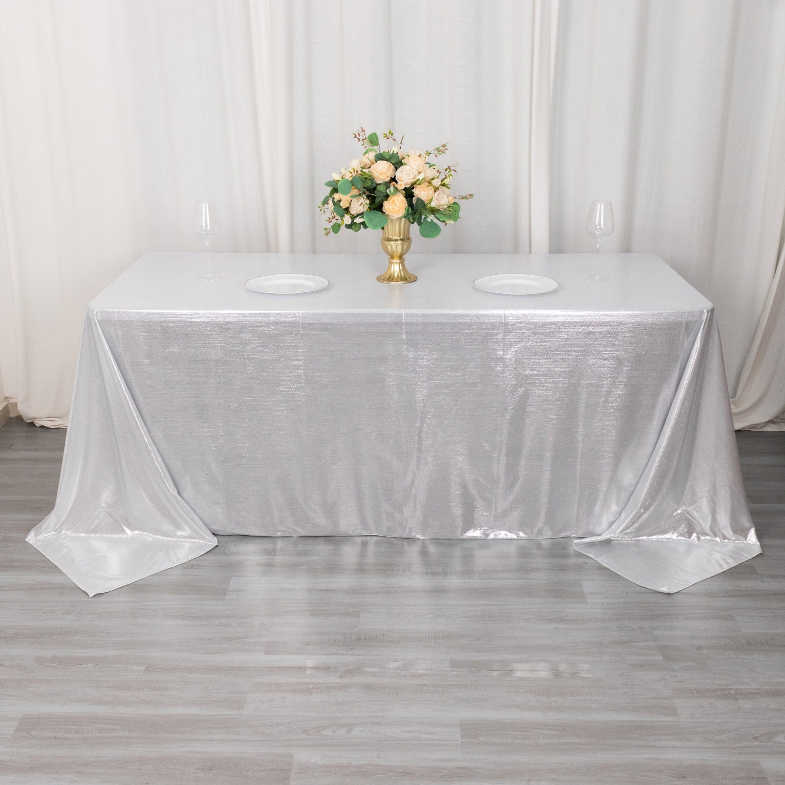 Silver shimmer sequin tablecloth for elegant events and parties.