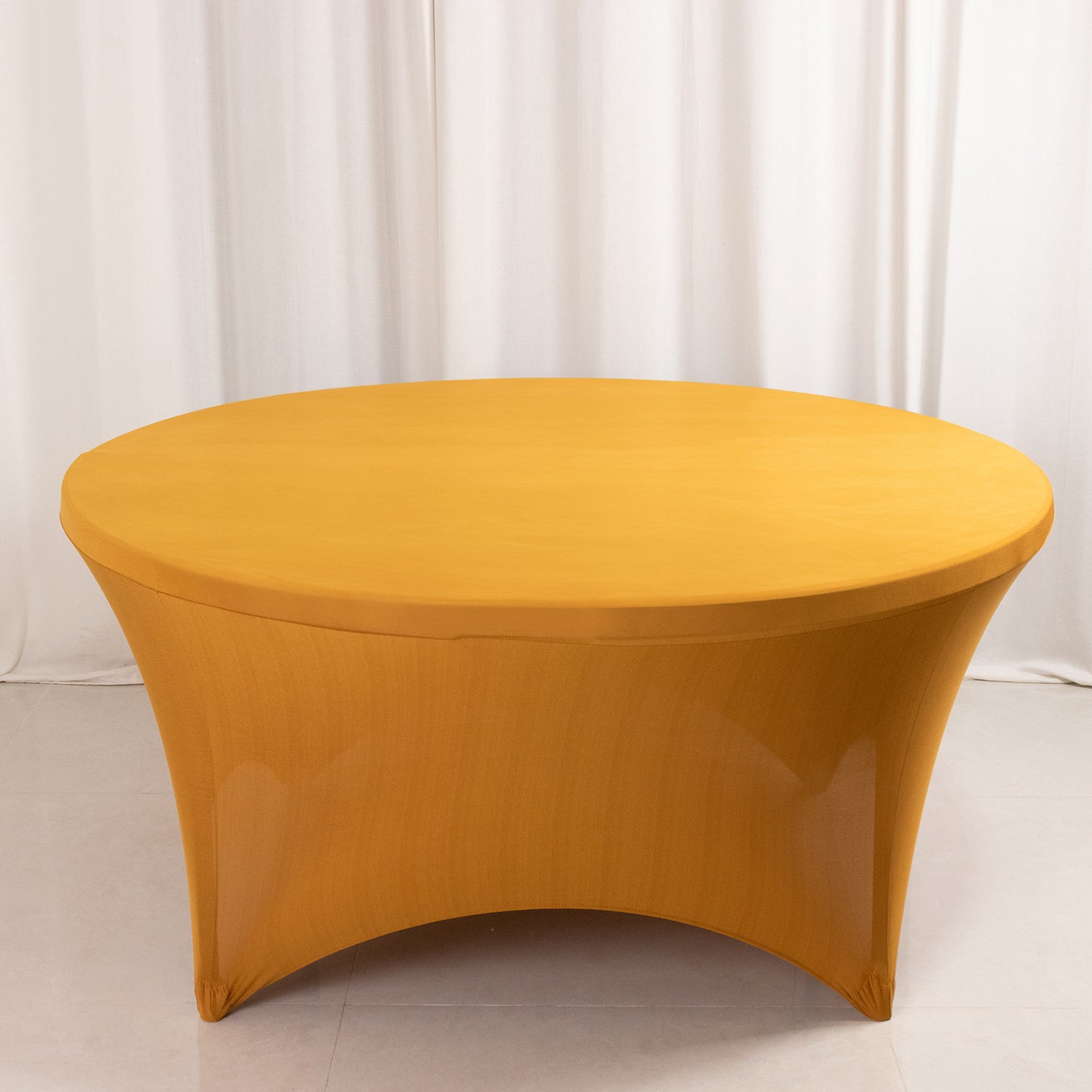 Gold fitted round tablecloth for 5-foot tables.