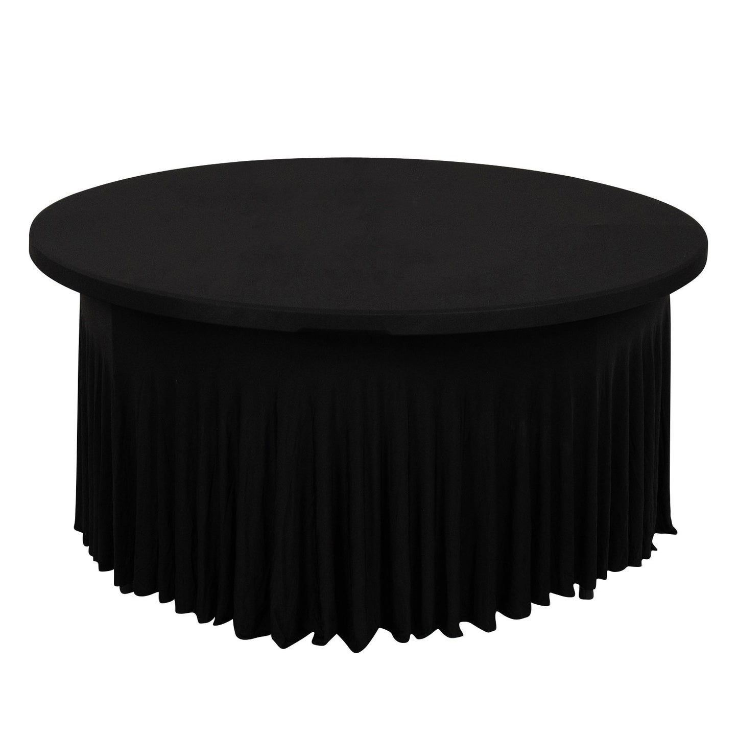 Black wavy spandex fitted tablecloth for 72-inch round tables.