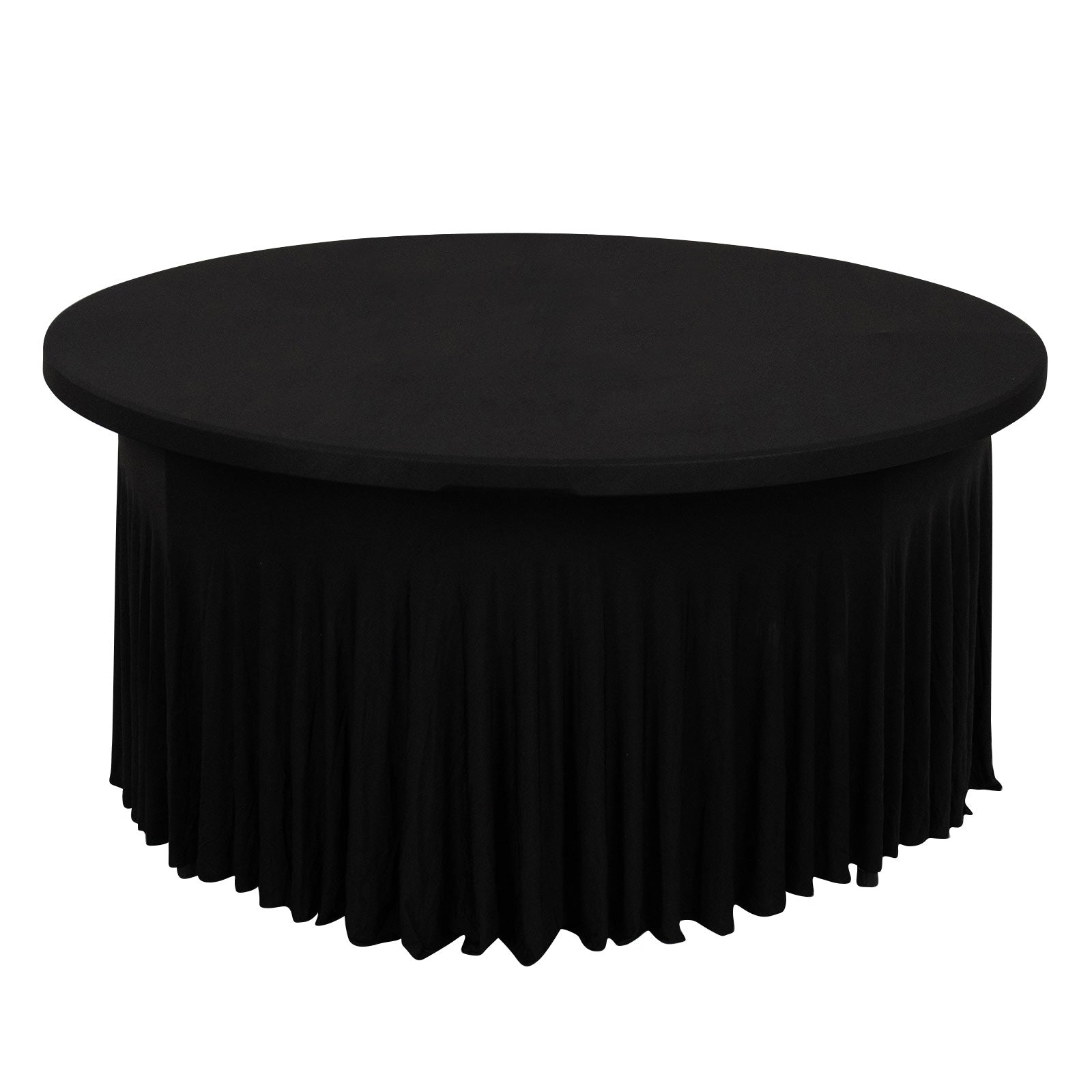 Black wavy spandex fitted tablecloth for 72-inch round tables.