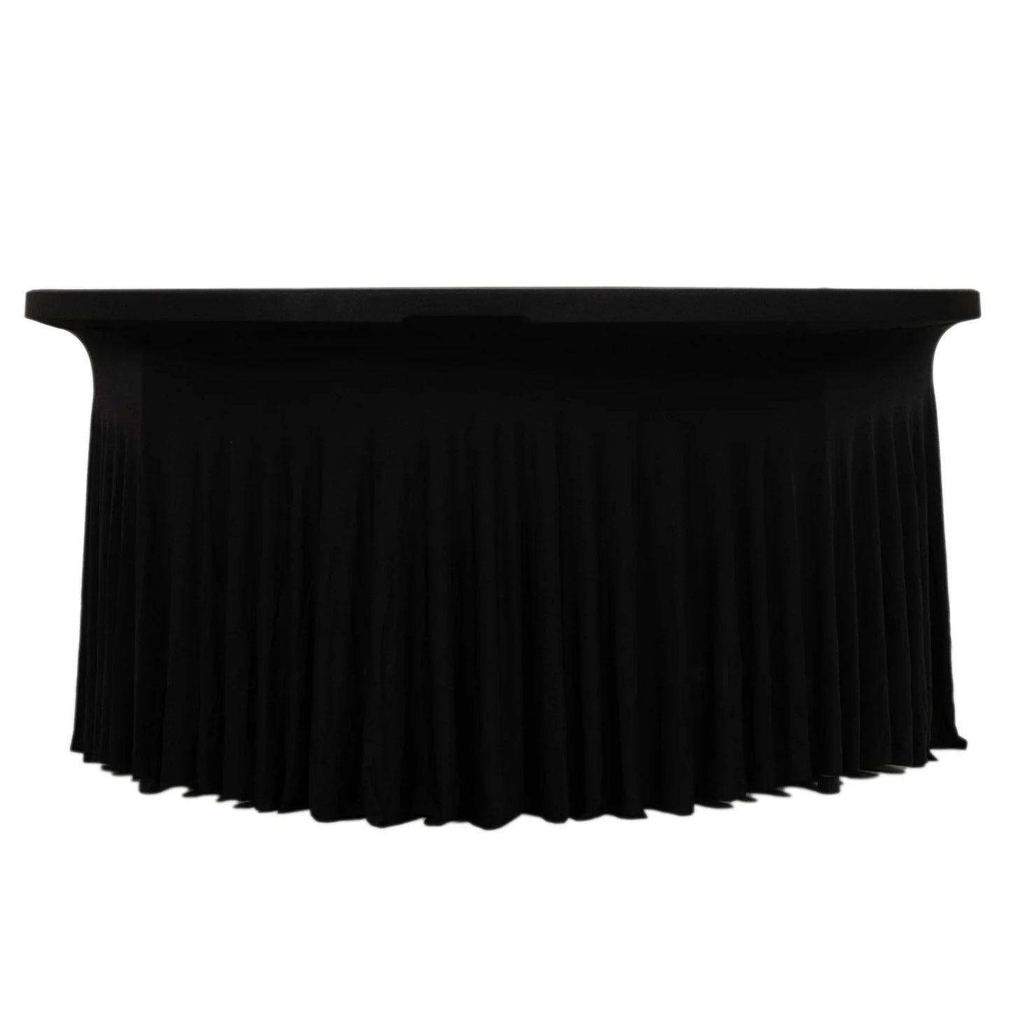 Black wavy fitted tablecloth skirt for 72-inch tables with ruffles. #whtbkgd