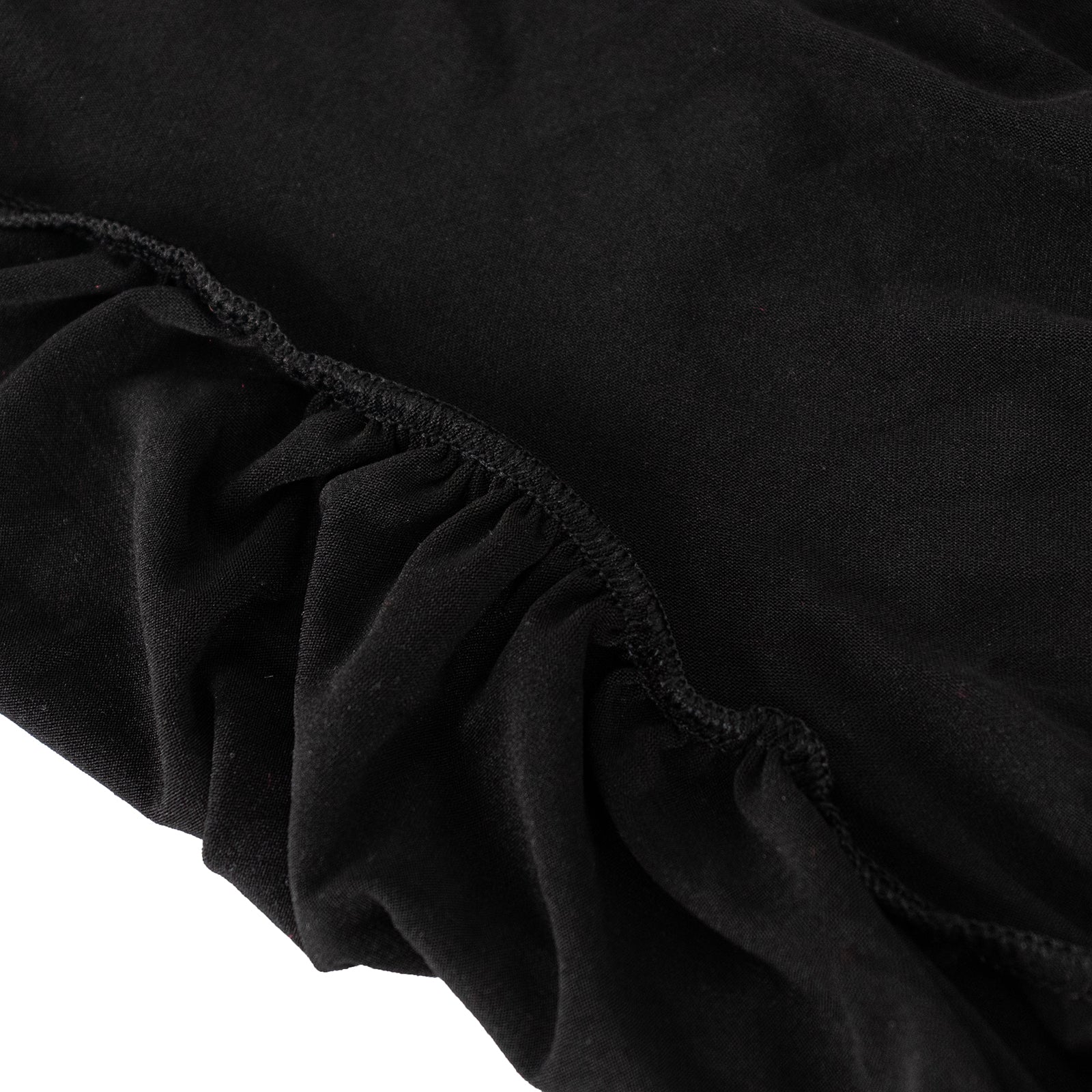 Black wavy spandex fitted tablecloth with ruffles for 72-inch tables.