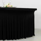 Black wavy spandex fitted tablecloth skirt for 6ft tables with ruffles.