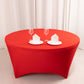 6ft red round stretch spandex tablecloth fitted for 72 inch tables.