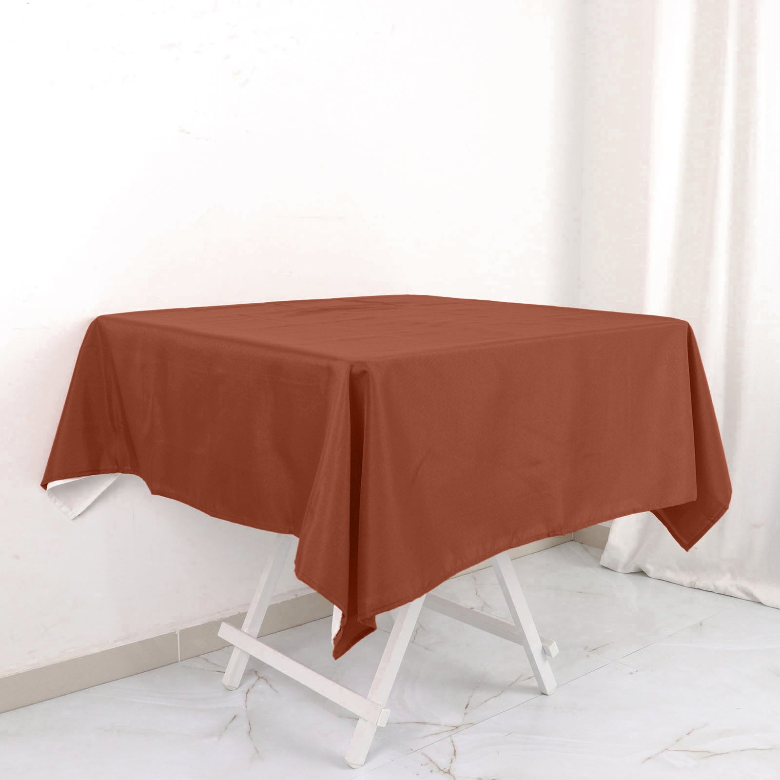 54Inch Terracotta Square Polyester Table Overlay, Reusable Linen