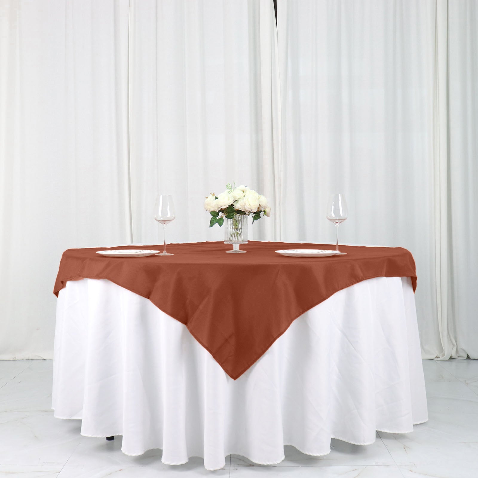 54Inch Terracotta Square Polyester Table Overlay, Reusable Linen