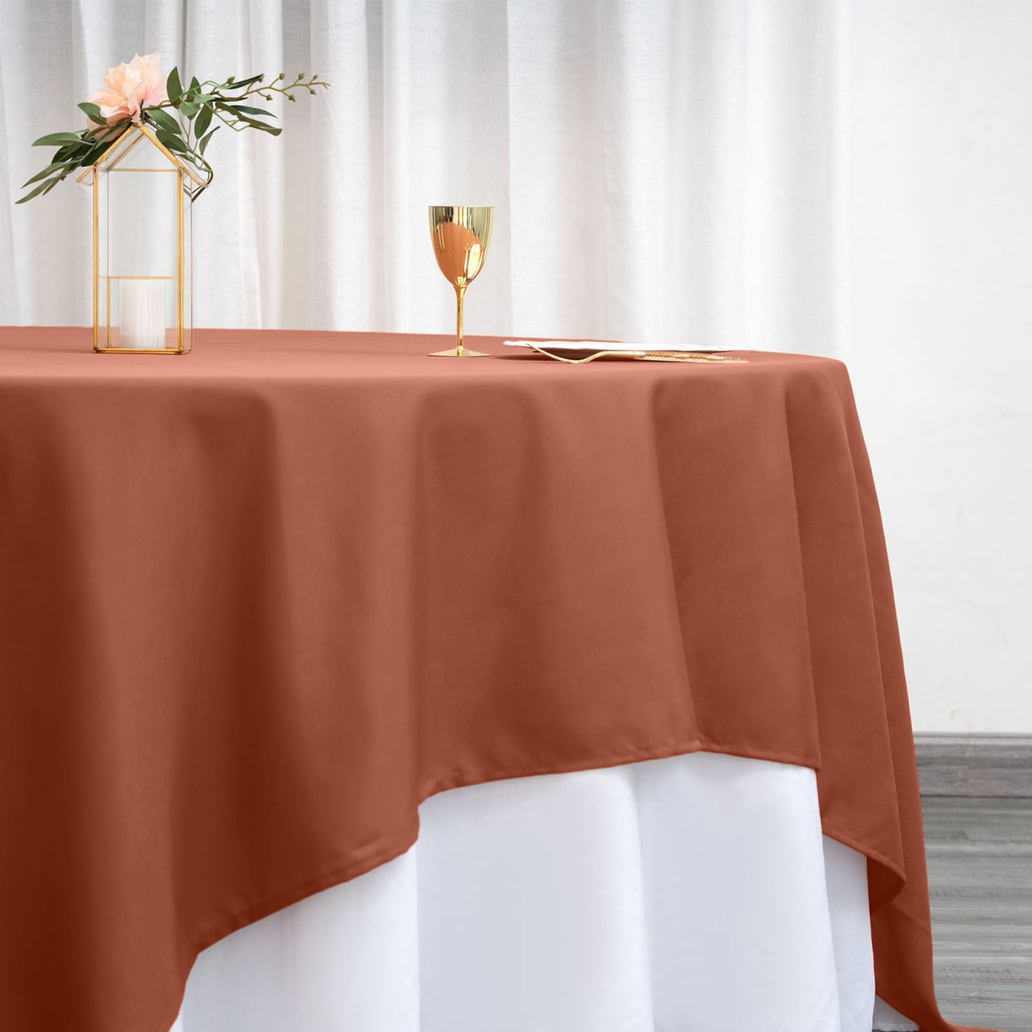 90 Inch Square Shaped Terracotta Colored Polyester Table Overlay