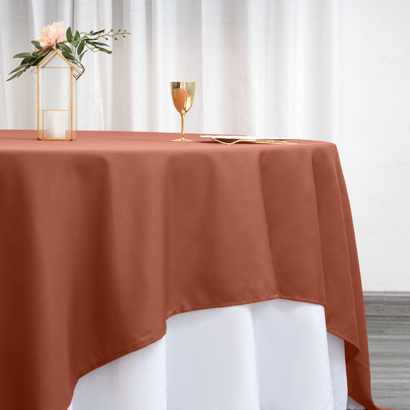 90 Inch Square Shaped Terracotta Colored Polyester Table Overlay