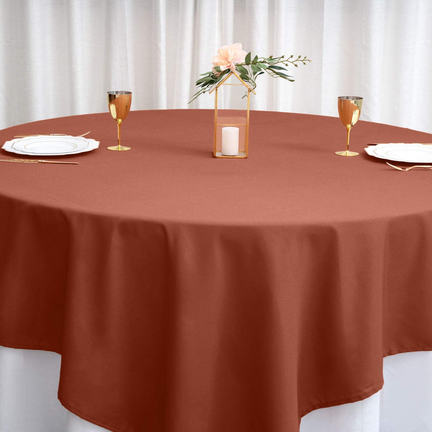 90 Inch Terracotta Colored Square Shape Polyester Table Overlay