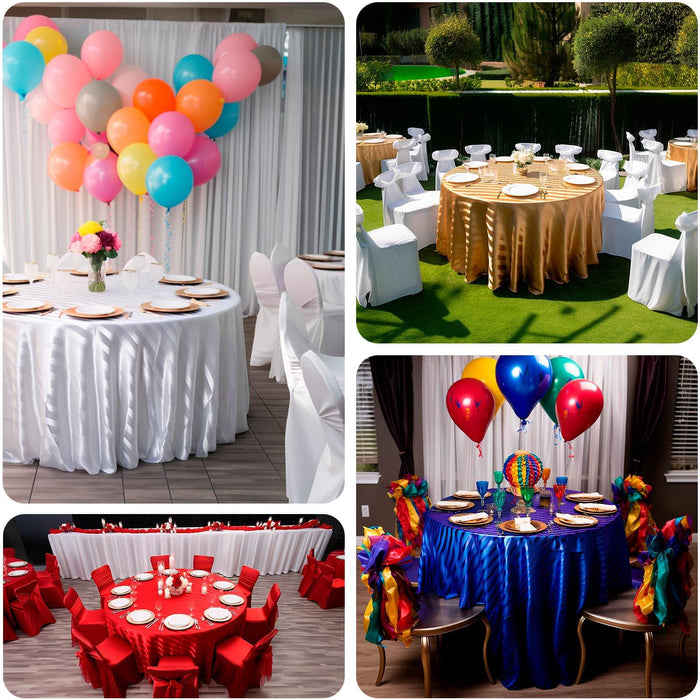 Gold satin stripe round tablecloth for elegant event decor.