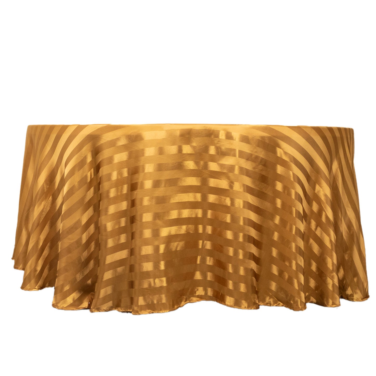 Gold satin stripe round tablecloth, 120 inches, seamless design.