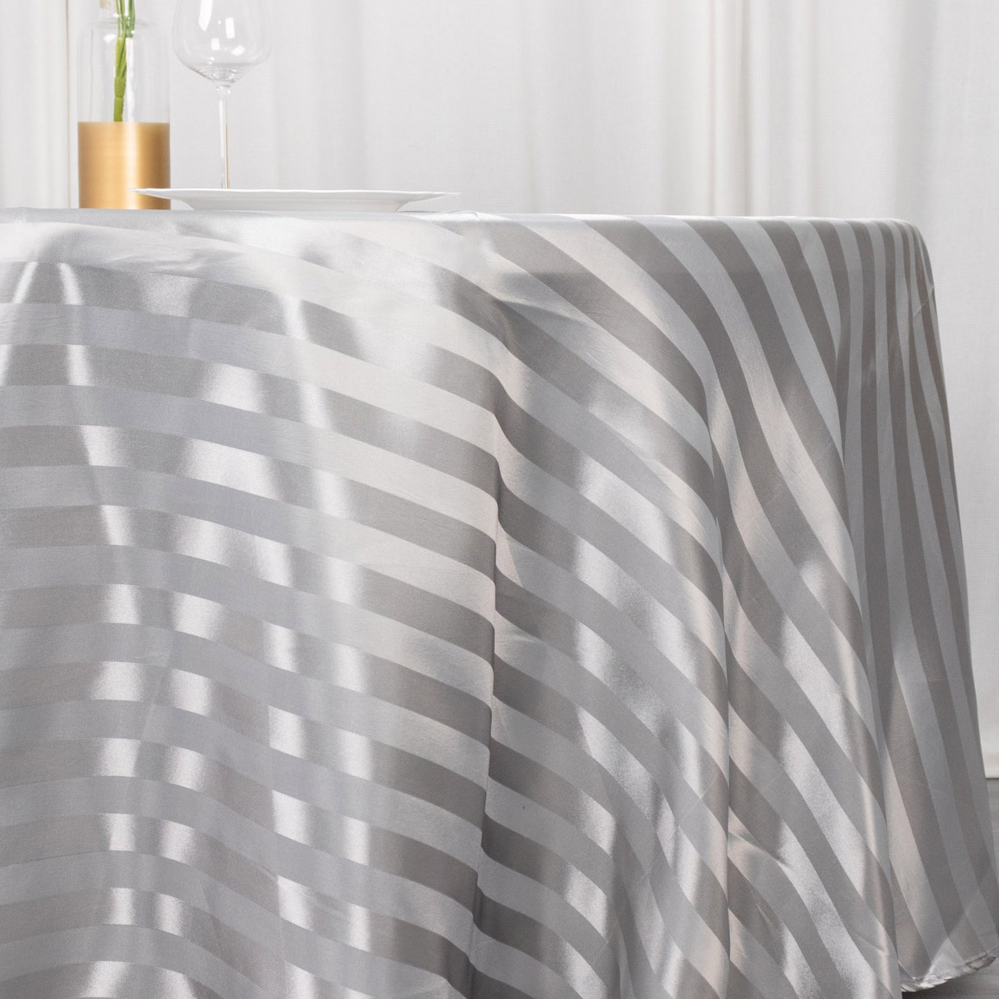 120" Silver Satin Stripe Seamless Round Tablecloth