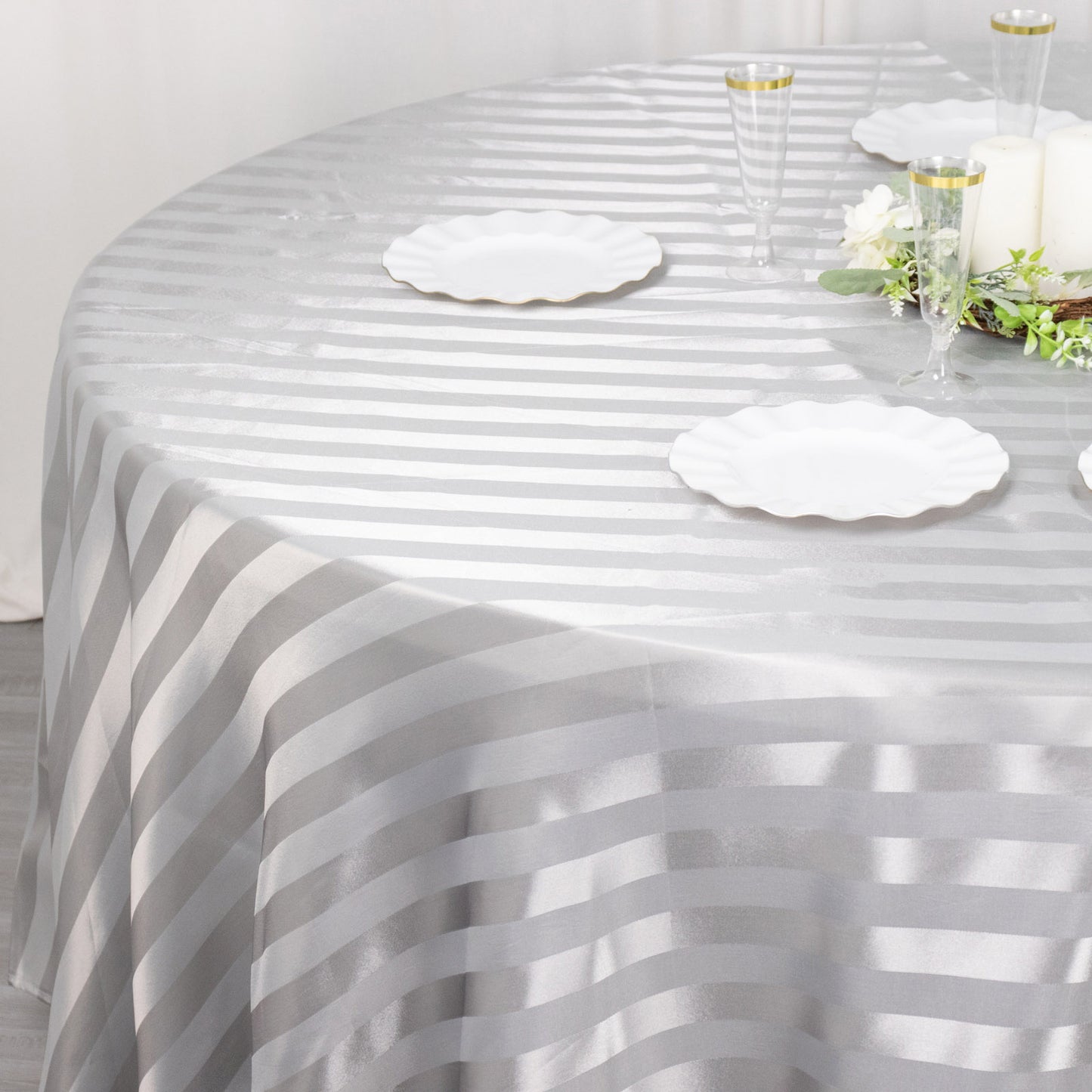 120" Silver Satin Stripe Seamless Round Tablecloth