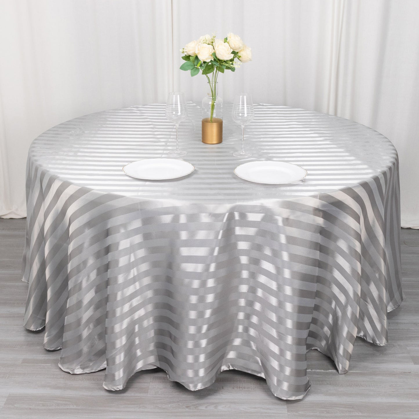 120" Silver Satin Stripe Seamless Round Tablecloth