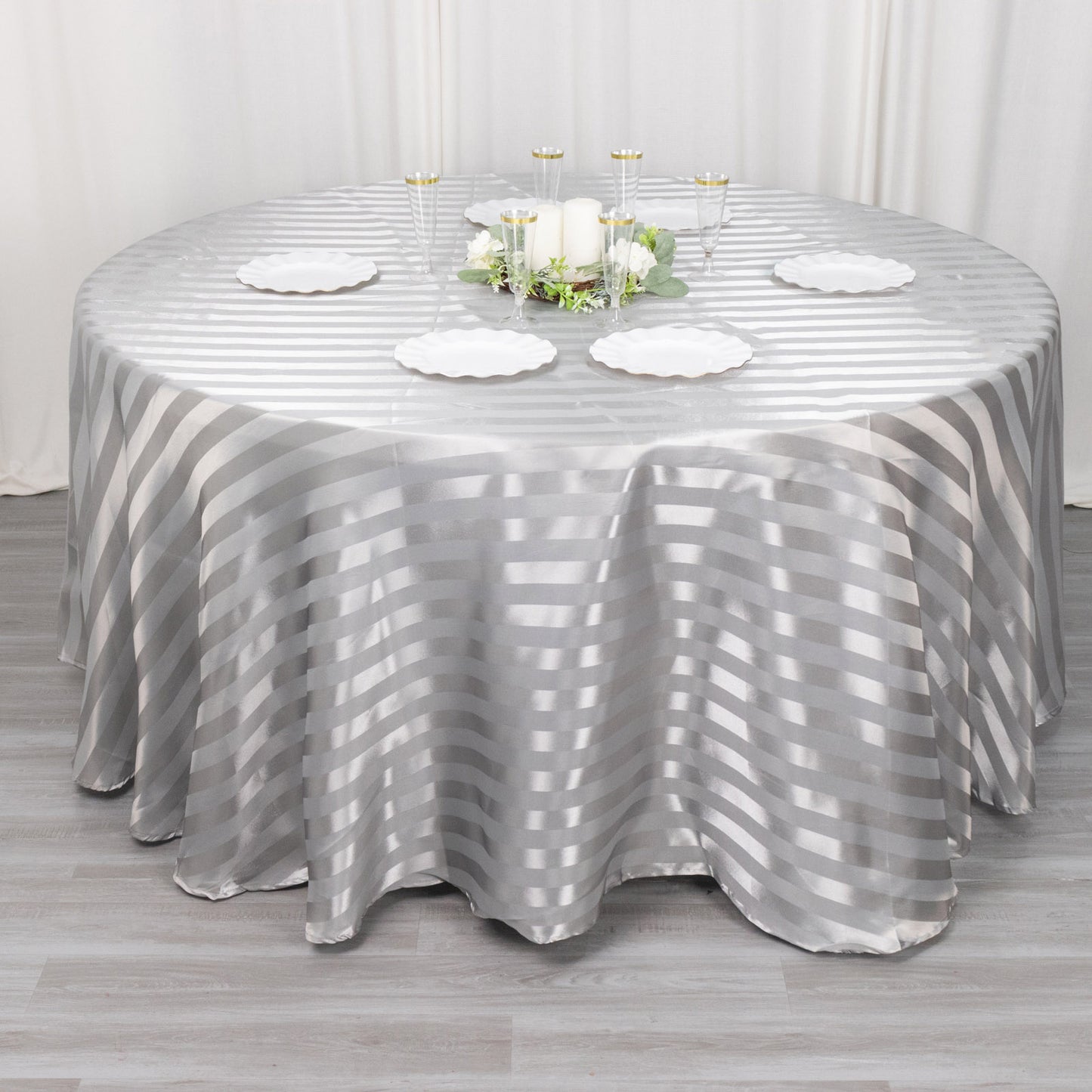 120" Silver Satin Stripe Seamless Round Tablecloth