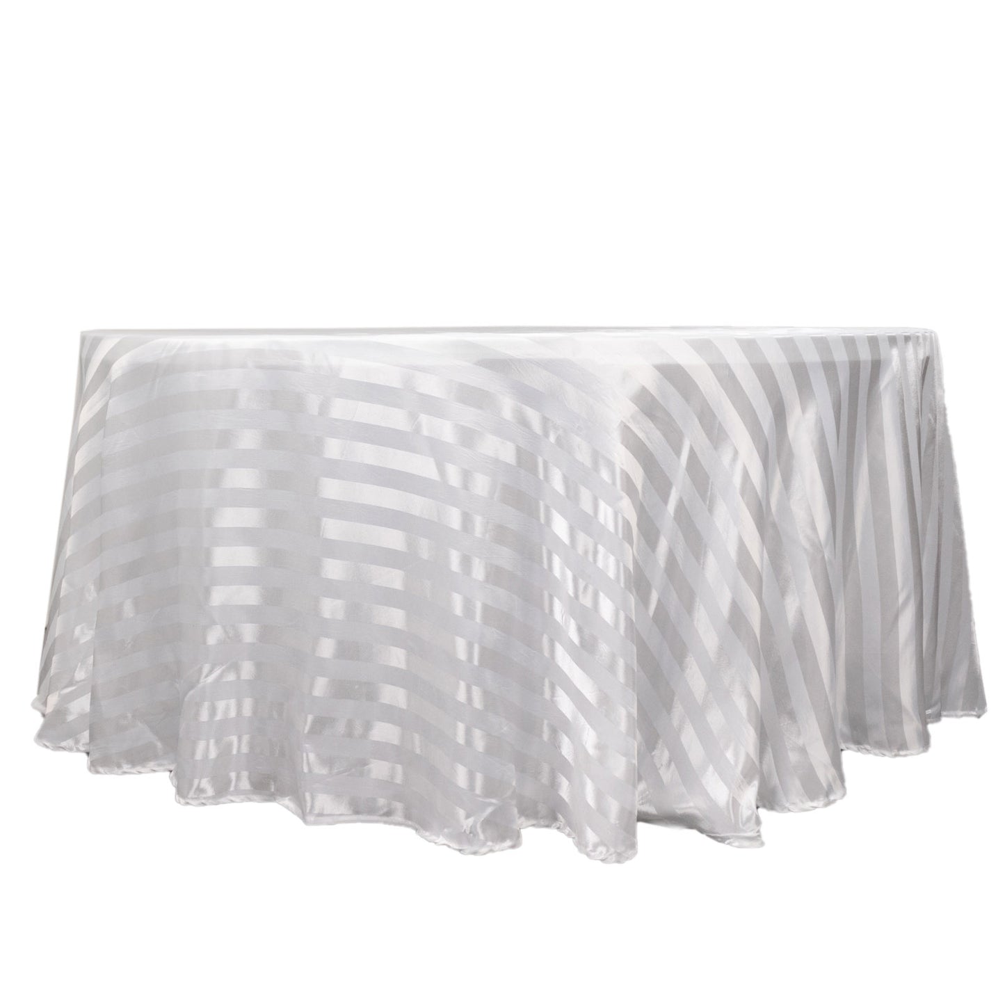 120" White Satin Stripe Seamless Round Tablecloth in white.