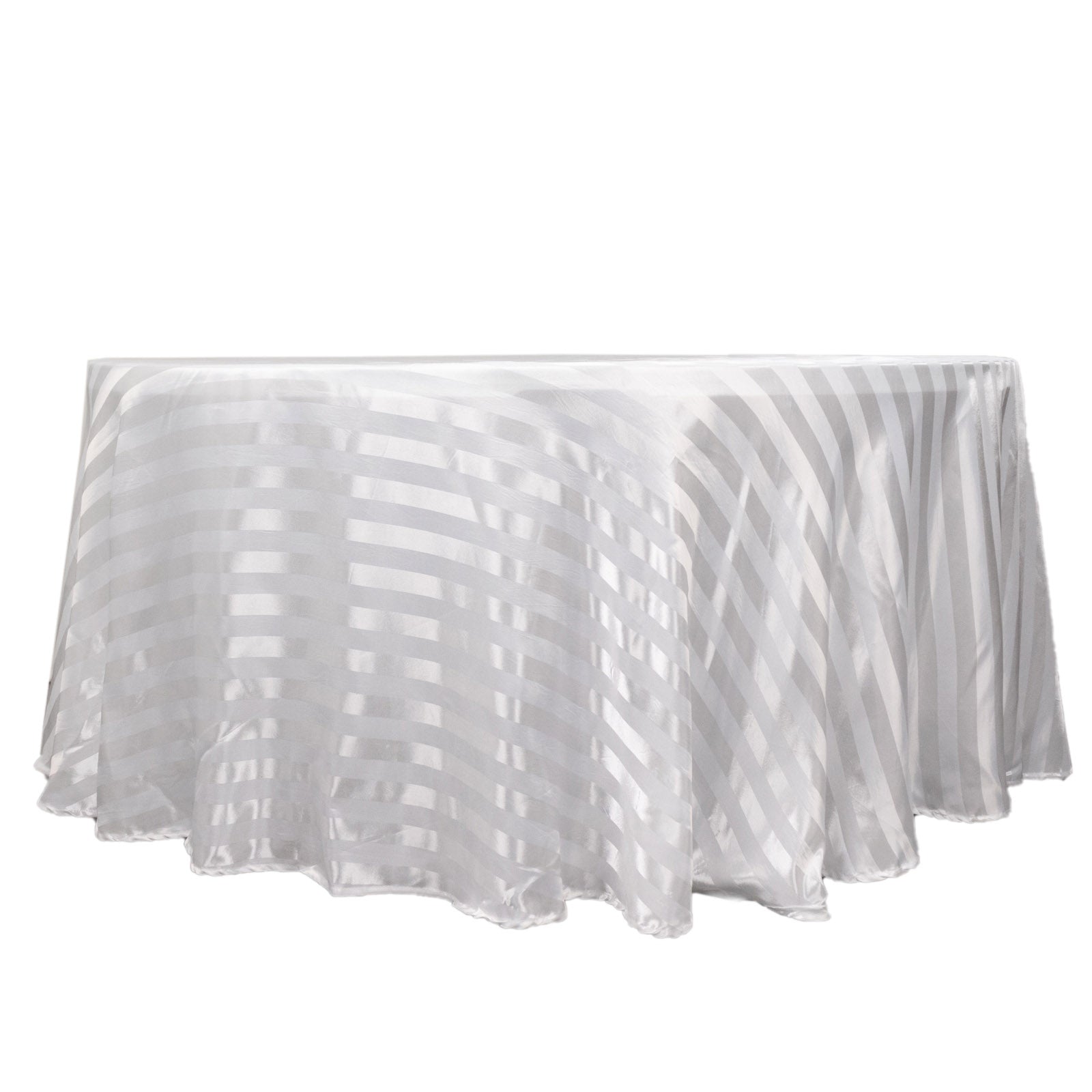 120" White Satin Stripe Seamless Round Tablecloth in white.