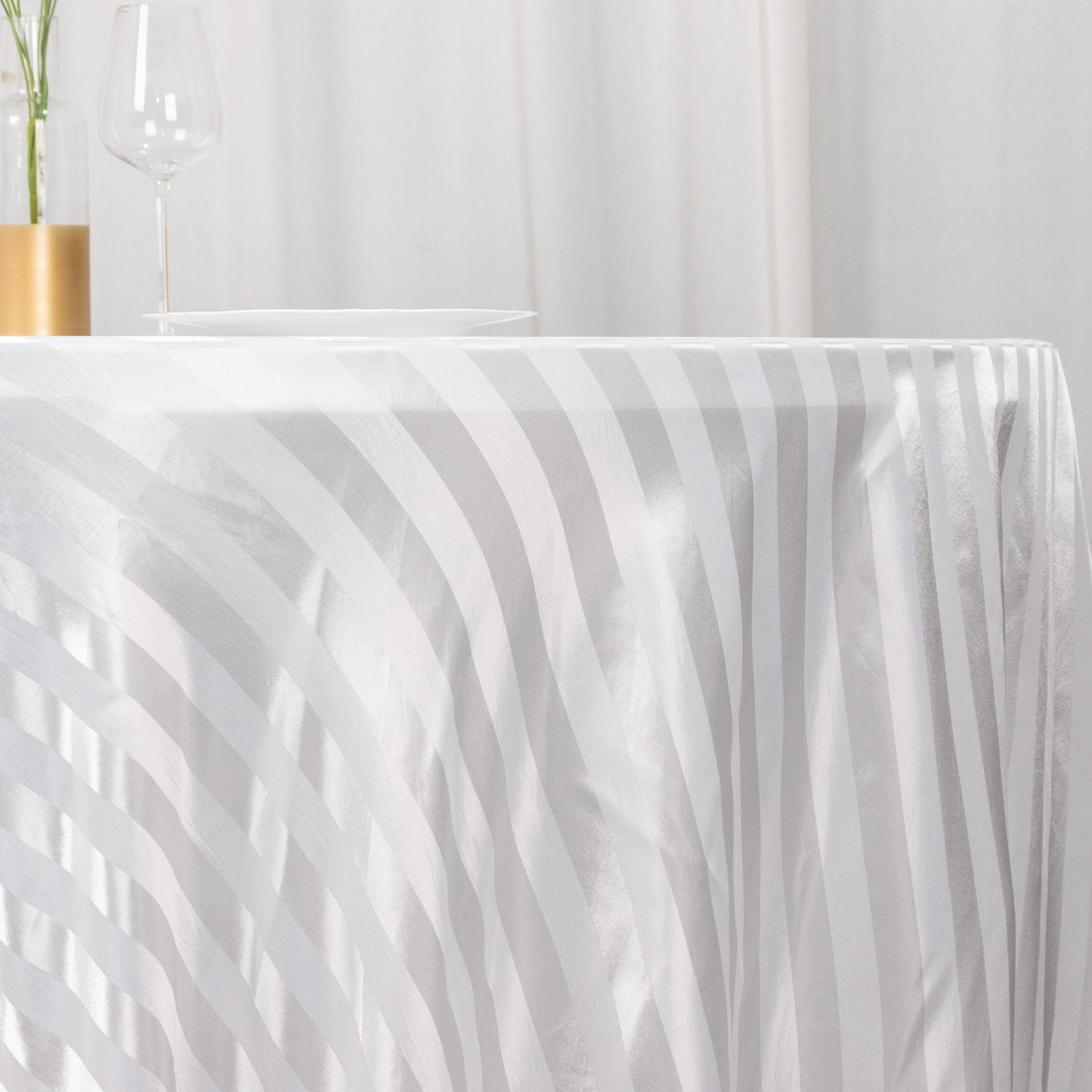 White satin stripe round tablecloth, 120 inches, seamless design.