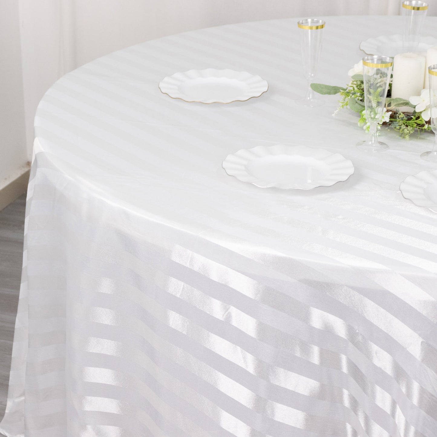 White satin stripe seamless round tablecloth.
