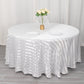 White satin stripe seamless round tablecloth on a table.