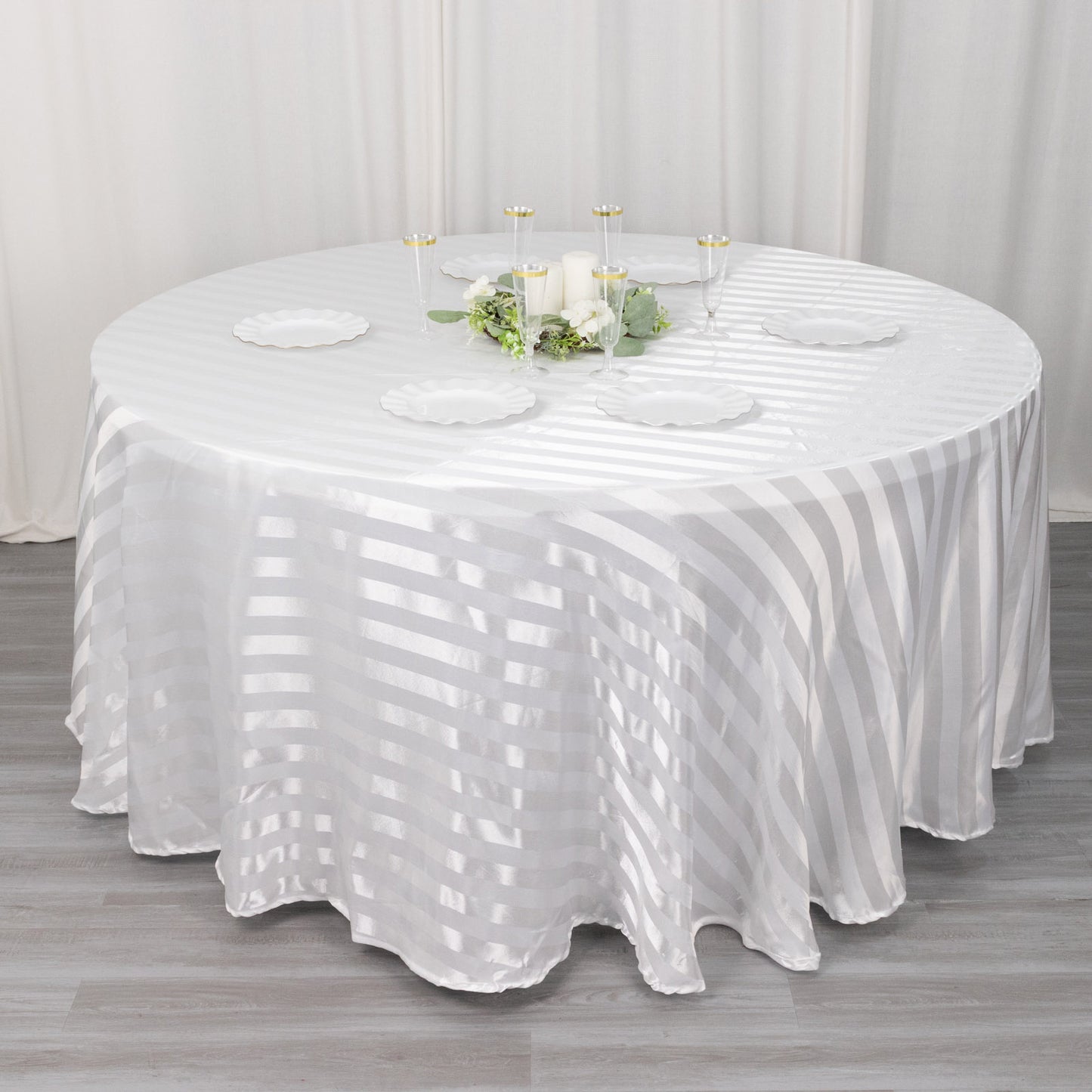 120" white satin stripe seamless round tablecloth