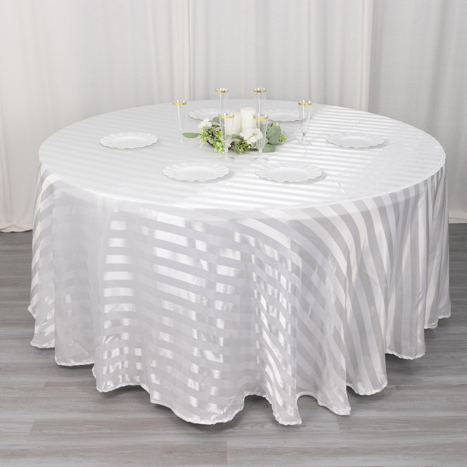 120" white satin stripe seamless round tablecloth
